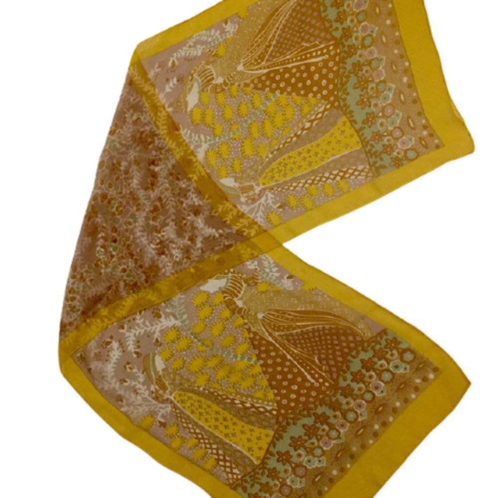 Sheer Silk Scarf Vintage 70s Oblong Girls Under a Tree Golden Yellow